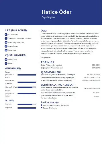 Beslenme Uzmanı Diyetisyen CV Örnekleri cv indir